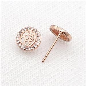 Copper Stud Earring Pave Zircon Flower Rose Gold, approx 9mm [FN32576]