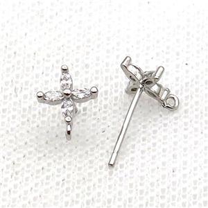 Copper Stud Earring Pave Zircon Cross Platinum Plated, approx 8mm [FN32579]
