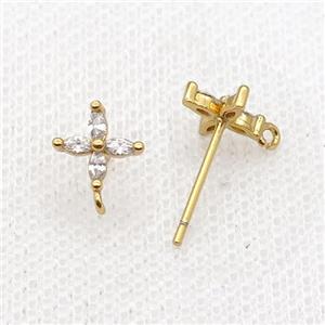 Copper Stud Earring Pave Zircon Cross Gold Plated, approx 8mm [FN32580]