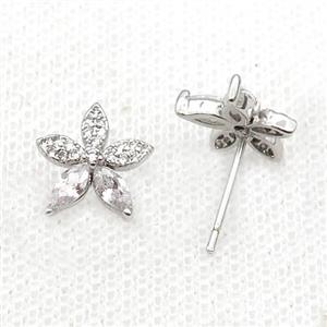 Copper Stud Earring Pave Zircon Flower Platinum Plated, approx 11mm [FN32586]