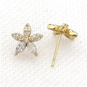 Copper Stud Earring Pave Zircon Flower Gold Plated, approx 11mm [FN32587]