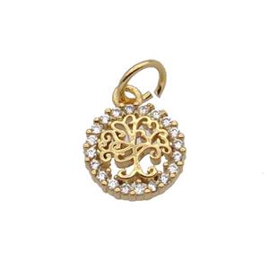 Copper Tree Pendant Pave Zircon Circle Gold Plated, approx 9mm dia [FN32673]