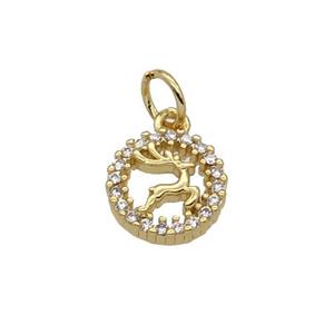 Copper Reindeer Pendant Pave Zircon Circle Gold Plated, approx 9mm dia [FN32679]