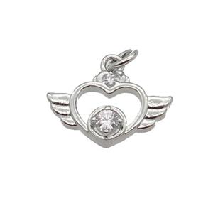 Copper Angel Wing Pendant Pave Zircon Heart Platinum Plated, approx 9-14.5mm [FN32760]
