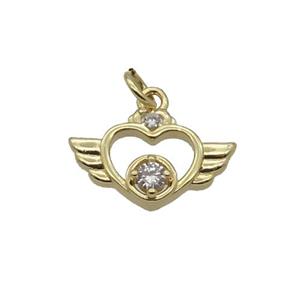 Copper Angel Wing Pendant Pave Zircon Heart Gold Plated, approx 9-14.5mm [FN32761]