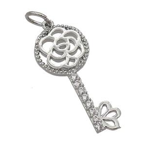 Copper Key Pendant Pave Zircon Platinum Plated, approx 10-23mm [FN32838]