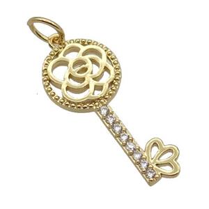 Copper Key Pendant Pave Zircon Gold Plated, approx 10-23mm [FN32839]