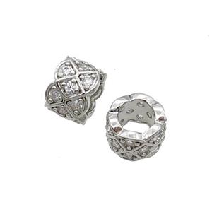 Copper Tube Beads Pave Zircon Large Hole Platinum Plated, approx 8mm, 5mm hole [FN32966]