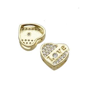 Copper Heart Beads Pave Zircon LOVE Gold Plated, approx 10.5mm [FN32971]