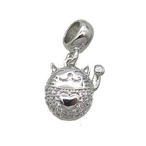Copper Lucky Cat Pendant Pave Zircon Platinum Plated, approx 11mm, 7.5mm, 5mm hole [FN32978]