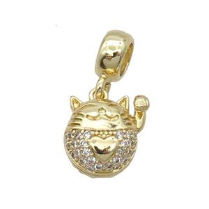 Copper Lucky Cat Pendant Pave Zircon Gold Plated, approx 11mm, 7.5mm, 5mm hole [FN32979]