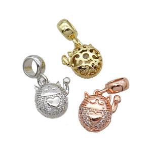 Copper Lucky Cat Pendant Pave Zircon Mixed, approx 11mm, 7.5mm, 5mm hole [FN32981]