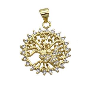 Copper Circle Tree Pendant Pave Zircon Honeybee Gold Plated, approx 20mm dia [FN33086]