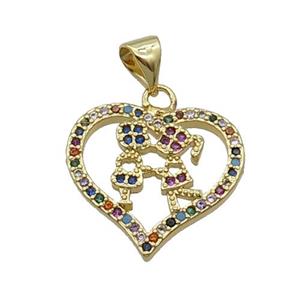 Copper Heart Pendant Pave Zircon Couple Multicolor Gold Plated, approx 18mm [FN33112]