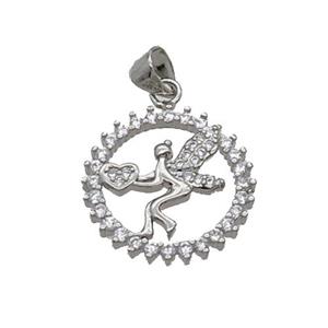 Copper Fairy Charm Pendant Pave Zircon Platinum Plated, approx 18mm dia [FN33119]