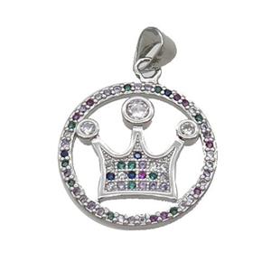Copper Crown Pendant Pave Zircon Multicolor Circle Platinum Plated, approx 20mm dia [FN33128]