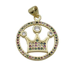 Copper Crown Pendant Pave Zircon Multicolor Circle Gold Plated, approx 20mm dia [FN33129]