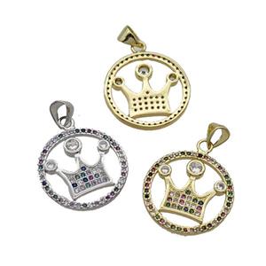 Copper Crown Pendant Pave Zircon Multicolor Circle Mixed, approx 20mm dia [FN33130]