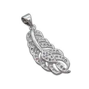 Copper Feather Pendant Pave Zircon Platinum Plated, approx 10-25mm [FN33141]