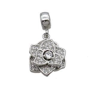 Copper Roseflower Pendant Pave Zircon Platinum Plated, approx 14mm, 7.5mm, 5mm hole [FN33150]