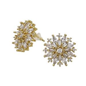Copper Flower Stud Earring Pave Zircon Gold Plated, approx 16.5mm [FN33186]