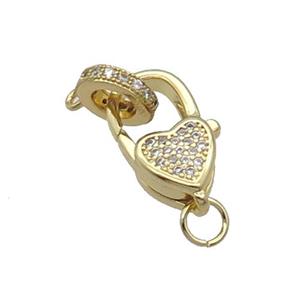 Copper Lobster Clasp Pave Zircon Heart Gold Plated, approx 10-17mm, 8mm [FN33202]