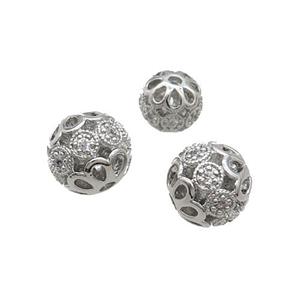 Copper Round Beads Pave Zircon Hollow Platinum Plated, approx 8mm dia [FN33274-8MM]