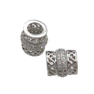 Copper Tube Beads Pave Zircon Large Hole Platinum Plated, approx 9mm, 5mm hole [FN33301]