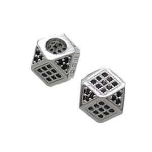 Copper Cube Beads Pave Black Zircon Large Hole Platinum Plated, approx 7mm, 3mm hole [FN33310]