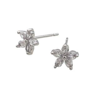 Copper Stud Earring Pave Zircon Flower Platinum Plated, approx 8mm [FN33411]