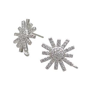 Copper Stud Earring Pave Zircon Flower Platinum Plated, approx 15mm [FN33412]