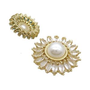 Copper Beads Pave Zircon Flower Glass Pearlized Gold Plated, approx 19mm dia [FN33447-S]