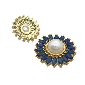 Copper Beads Pave Zircon Darkblue Flower Glass Pearlized Gold Plated, approx 27mm dia [FN33448-L]