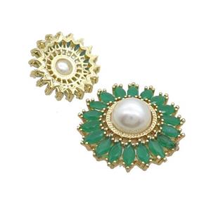 Copper Beads Pave Zircon Green Flower Glass Pearlized Gold Plated, approx 19mm dia [FN33449-S]