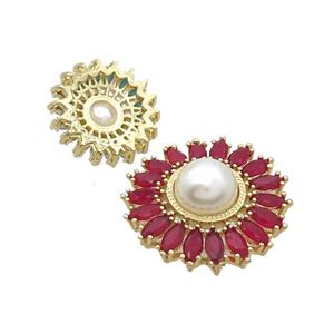 Copper Beads Pave Zircon Red Flower Glass Pearlized Gold Plated, approx 27mm dia [FN33450-L]