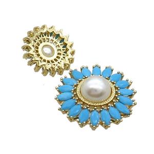 Copper Beads Pave Zircon Blue Flower Glass Pearlized Gold Plated, approx 27mm dia [FN33451-L]