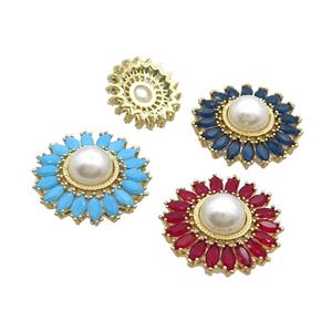 Copper Beads Pave Zircon Flower Glass Pearlized Gold Plated Mixed, approx 27mm dia [FN33452-L]