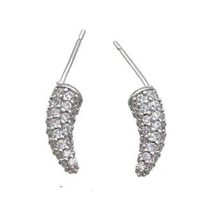 Copper Horn Stud Earring Pave Zircon Platinum Plated, approx 4-12mm [FN33475]
