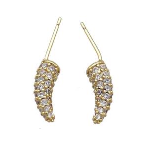 Copper Horn Stud Earring Pave Zircon Gold Plated, approx 4-12mm [FN33476]
