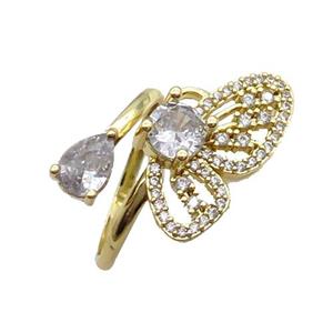 Copper Ring Pave Zircon Butterfly Gold Plated, approx 5-8mm, 12-21mm, 18mm dia [FN33603]