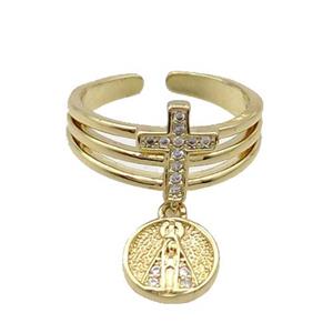 Copper Ring Pave Zircon Cross Gold Plated, approx 9mm, 10mm, 18mm dia [FN33642]