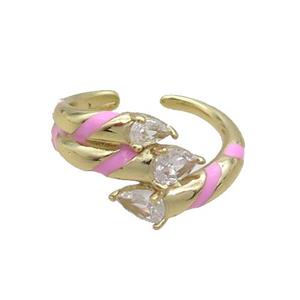 Copper Ring Pave Zircon Pink Enamel Gold Plated, approx 13mm, 18mm dia [FN33665]