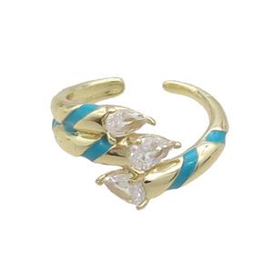 Copper Ring Pave Zircon Teal Enamel Gold Plated, approx 13mm, 18mm dia [FN33669]