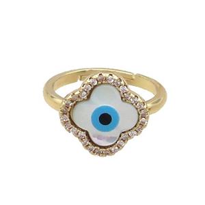 Copper Ring Pave Zircon Evil Eye Shell Clover Gold Plated, approx 14mm, 18mm dia [FN33686]
