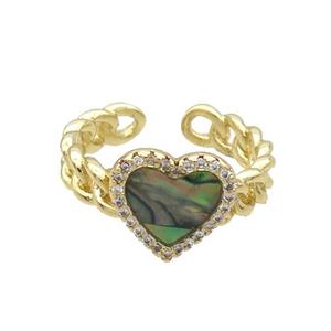Copper Ring Pave Zircon Abalone Shell Heart Gold Plated, approx 12mm, 18mm dia [FN33692]