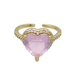 Copper Ring Pave Zircon Pink Crystal Heart Gold Plated, approx 12-13mm, 18mm dia [FN33789]