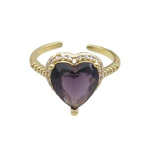 Copper Ring Pave Zircon Purple Crystal Heart Gold Plated, approx 12-13mm, 18mm dia [FN33790]