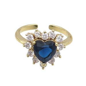 Copper Ring Pave Zircon Blue Crystal Heart Gold Plated, approx 15mm, 18mm dia [FN33796]
