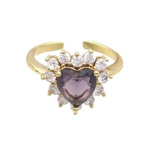 Copper Ring Pave Zircon Purple Crystal Heart Gold Plated, approx 15mm, 18mm dia [FN33797]