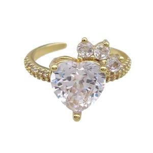Copper Ring Pave Zircon Clear Crystal Heart Gold Plated, approx 10mm, 18mm dia [FN33800]